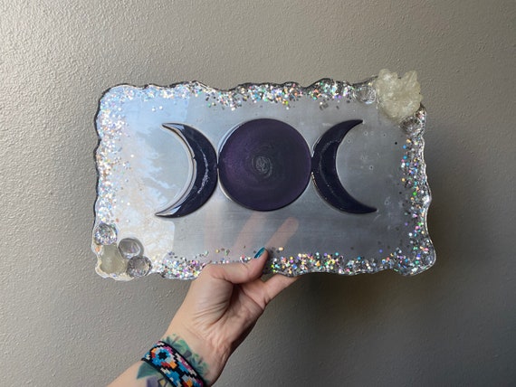 Silver and purple moon phase resin tray with crystal accents 13x8 tarot divination alter desk vanity bar cheese tray with resin crystals