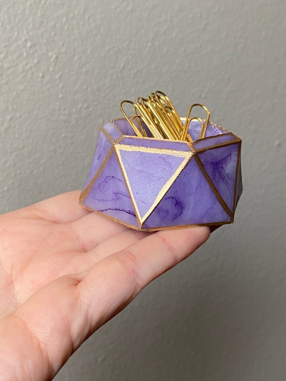 Amethyst purple and white marble resin desk vanity trinket storage dish with hand painted gold trim and gold started paperclips