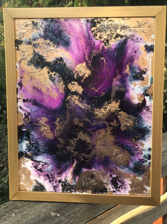 11x16 gold framed purple,navy,gold mixed media resin abstract art
