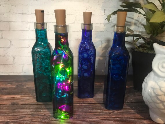 8inch tall alcohol ink painted fairy light table bathroom desk night light 2x2inch square glass bottle with cork battery lights