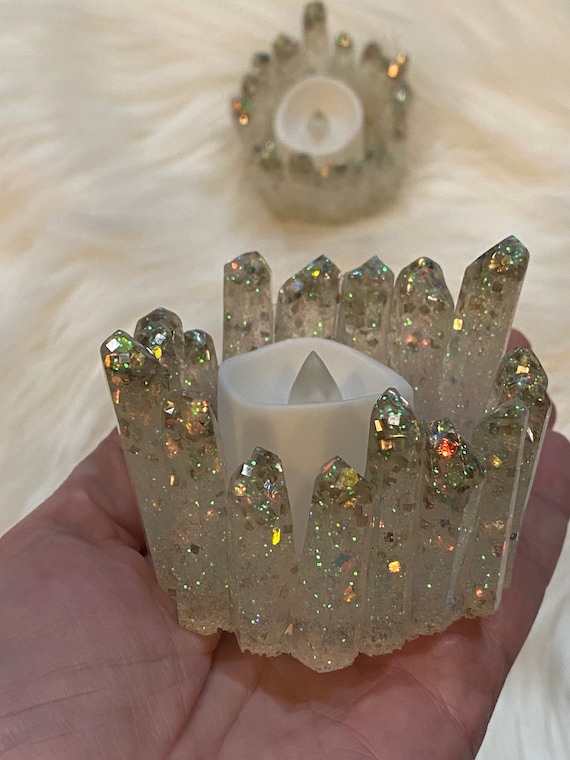 Matching set of two Champaign glitter crystal resin crystal tea light holder 2.3 x 2.8 inches with holographic blue fleck glitter accent