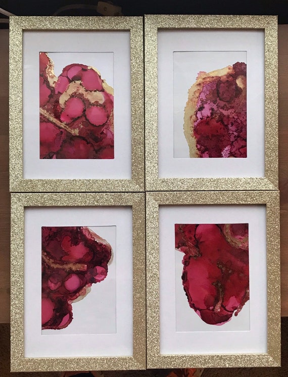 Series of Cranberry and Gold 5x7 glitter framed and matted ink art