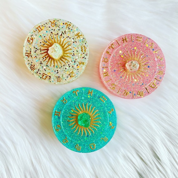 Zodiac glitter resin trinket box with crystal accent and gold detailing
