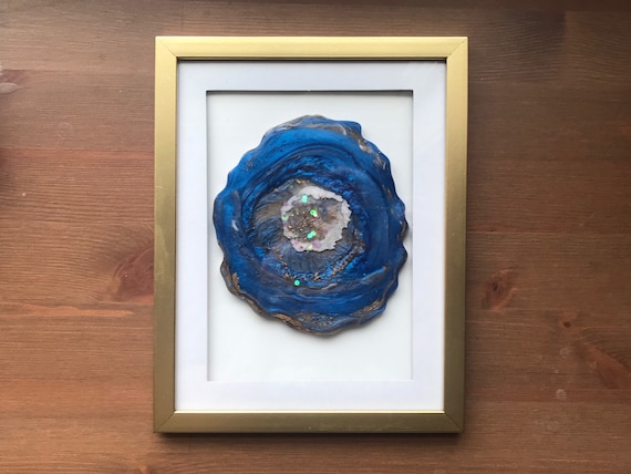 5x7 Framed resin art agate slice inspiration in royal blue and gold with cream in a gold frame