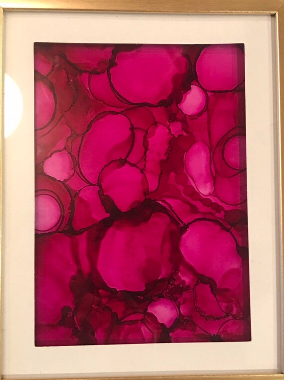 Gold 5x7 framed fuchsia alcohol ink on glass