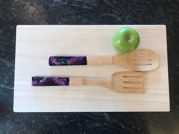 Glitter geode resin tipped bamboo serving set in purple shades with gold accent