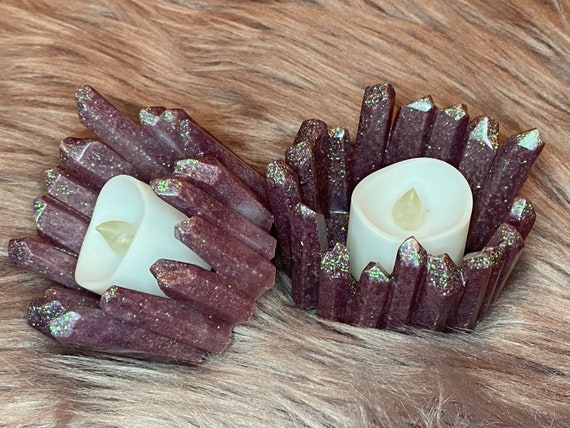 Lavender mica resin crystal tea light holder pair 2.3 x 2.8 inches with holographic fleck glitter accent