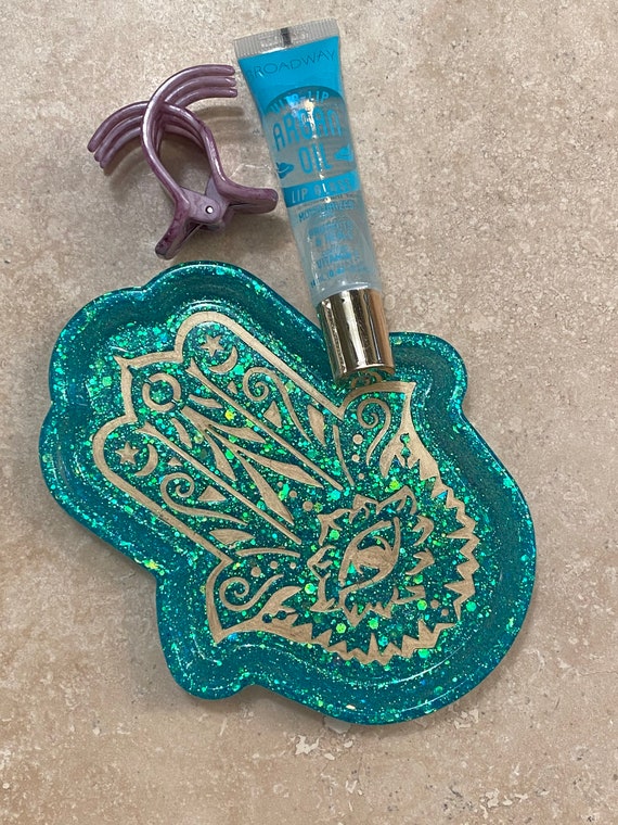 Turquoise teal and gold hand of Hamsa with evil eye protection 6x4.8 resin trinket dish soap dish jewelry dish desk tray