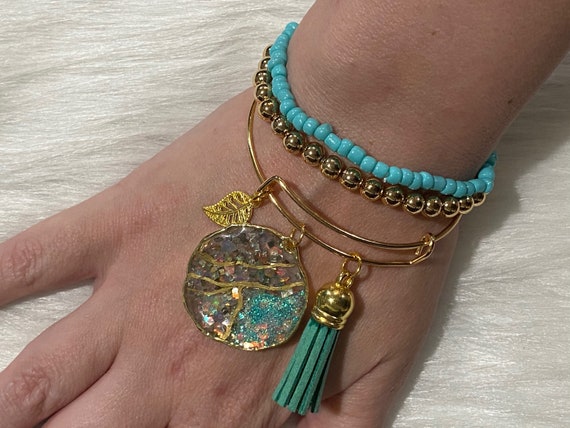 Teal/ holographic Glitter Agate themed resin wearable art bracelet with coordinating charm & tassel BONUS matching beaded bracelets included