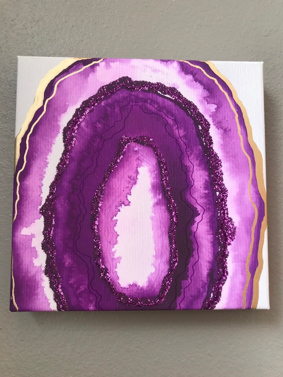 Hand detailed 12 x 12 gallery wrapped canvas print of original agate art in Purple Magenta