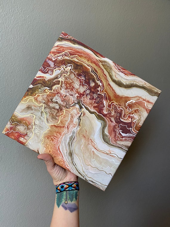 12 x 12 gallery wrapped canvas print of original resin art in maroon, antique gold, Champaign & pink gold detailed and hand line accents