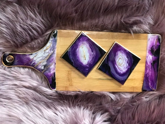 Royal purple galactic marbling cheese board and 4 glass coasters bamboo and resin cheese tray or snack set