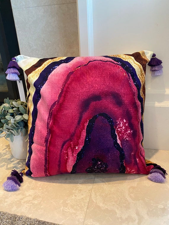20x20 original pink,purple,gold and glitter original watercolor painting agate theme slice velvet touch pillowCASE with 3in tricolor tassel