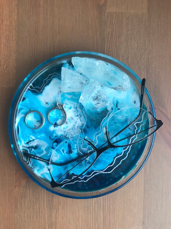Artic ocean with iceberg accent ring trinket dish resin abstract art with silver accents
