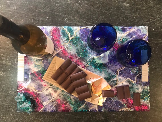 Teal, purple and fuchsia with glitter galaxy bar, bathroom vanity tray, serving tray, cheese board with silver hardware 18x11.5