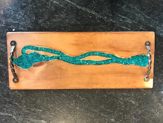 One of a kind 7x18 hand carved ‘Blue bird on a wire’ white pine tray organically stained with fair trade coffee river board