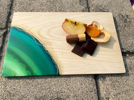 Hand painted monochromatic green, hunter, pine, & teal agate with glitter accent resin cheese/cutting board 12x7.5 white pine