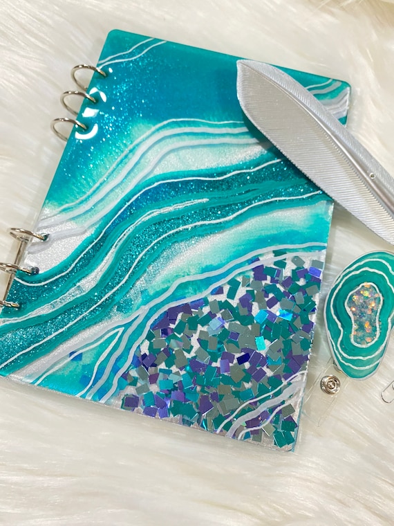 Unique resin art agate slice theme FILLED planner with matching badge reel in teal blue green & silver - MATCHING bonus hand gilded stickers