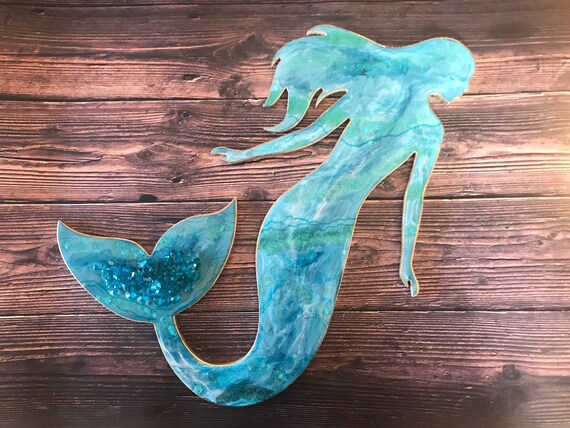 16 inch mermaid art in agate geode themed resin with gems and glitter accent on plywood