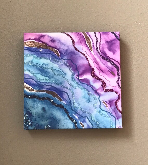 12 x 12 gallery wrapped canvas print of original agate art in Blue and Purple with Gold