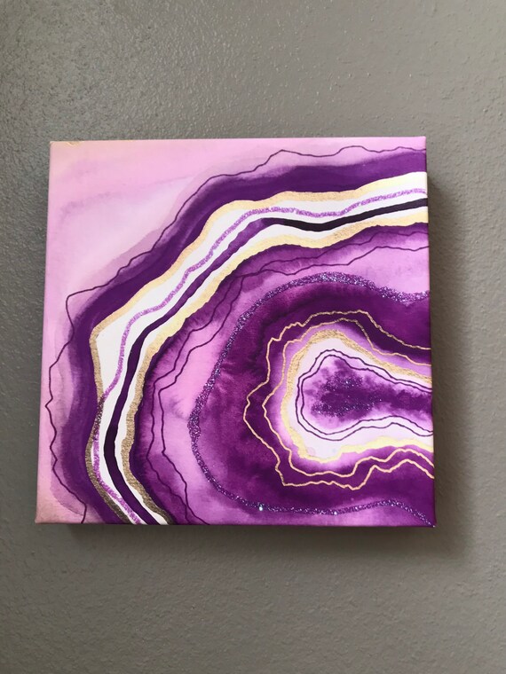 12 x 12 gallery wrapped canvas print of original agate art in traditional Purple and Gold