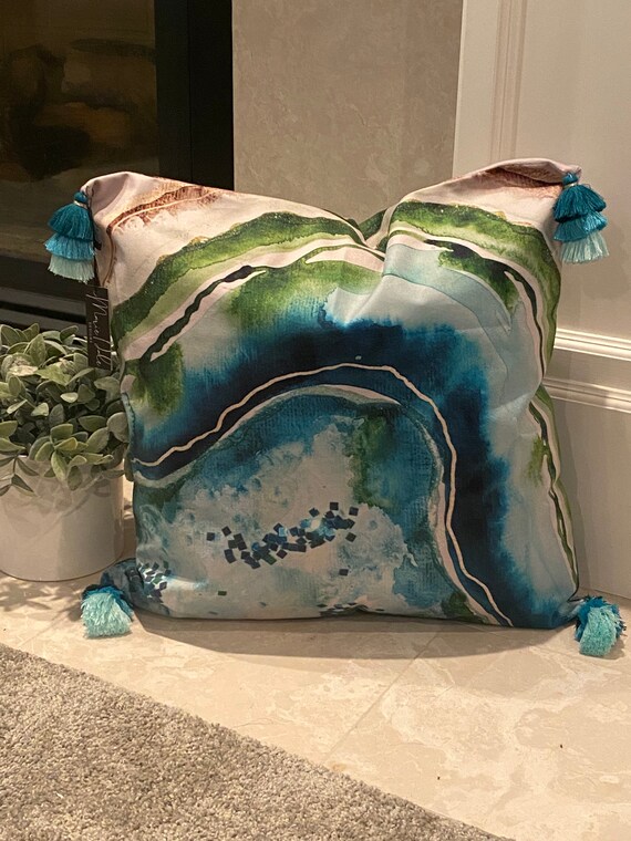 20x20 original blue, green, and glitter original watercolor painting agate theme slice velvet touch pillowCASE with 3in tricolor tassel