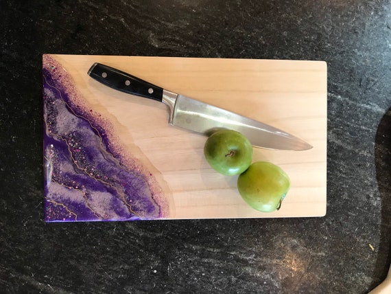 Large amethyst and lilac with glitter accent resin cheese/cutting board 16.5x9.25 white pine 3/4 inch thick hand sanded and finished