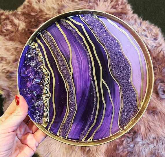 8inch round gold upcycle tray with amethyst purple hand painted agate geode art bar vanity desk cheese board wedding birthday gift