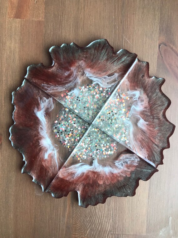 Extra thick 1/4 inch Four slice rose gold, mink, and white agate 6inch coaster set hand poured resin art with glitter accent