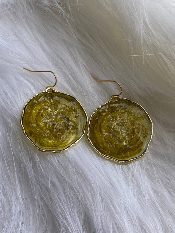 Herb Green Druzy Agate slice inspired resin earrings in plated 14k gold nickel free : 1inch open back bezel on hook