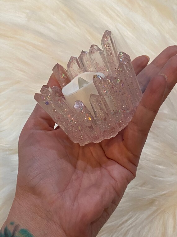 Matching set of two baby pink glitter crystal resin crystal tea light holder 2.3 x 2.8 inches with holographic fleck glitter accent