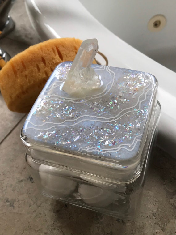 Opal inspired agate resin art on 4.5 inch glass canister with rubber seal and 2.5 inch crystal accent