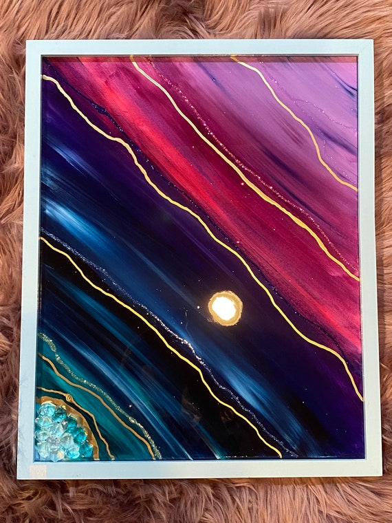 16x20 hand painted original art Lisa Frank vibes jewel toned agate with crystal accent in a baby blue frame geode agate themed resin art