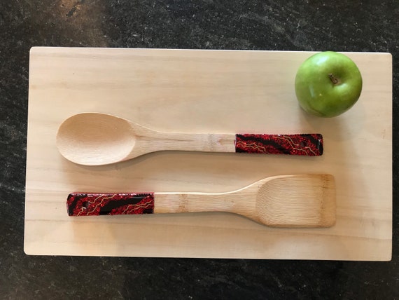 Glitter geode resin tipped bamboo serving set in red and black tones with gold accent