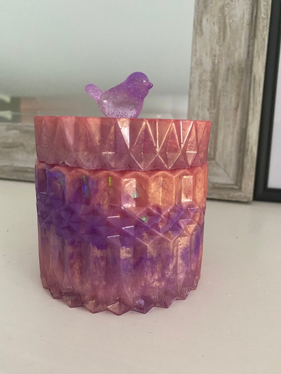Pink and purple vintage glass resin trinket storage with bird accent holographic fleck glitter mixed in