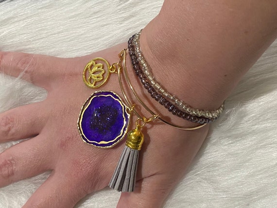 Deep purple Agate themed resin wearable art bracelet with coordinating charm & tassel BONUS matching beaded bracelets included