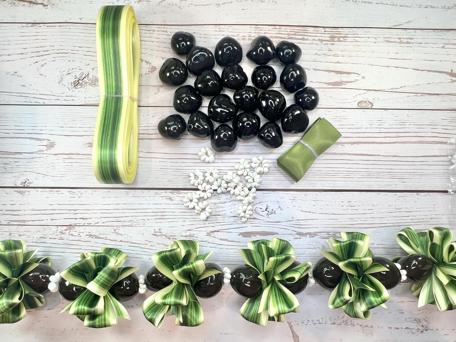 Shell Ribbon Lei DIY Song of India Ti Leaf Ribbon Lei Kit With Kukui Nuts and Shells ...