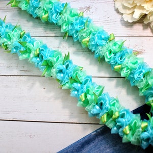 Beautiful Green and Aqua Blue Soft Color Flower Ribbon Lei for Graduation Wedding or Special Events