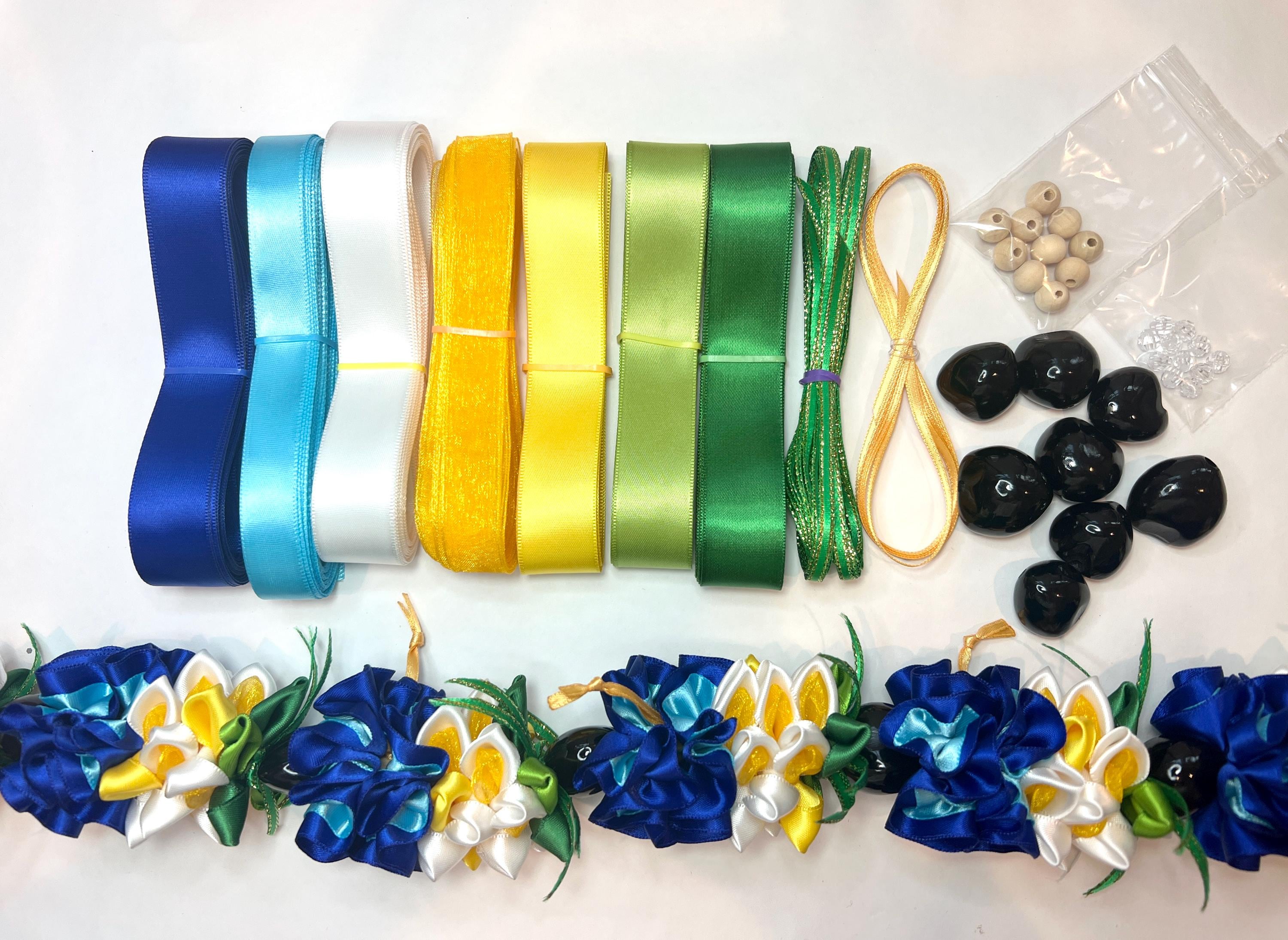 Handmade Pink, Light Blue, Yellow Floral Satin Ribbon Lei ✨ the  main image 2