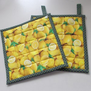 Könnte beinhalten: Zwei quadratische, gesteppte Topflappen mit einem leuchtend gelben Zitronenmuster. Die Ränder sind mit einem dunkelgrauen Stoff mit kleinen grünen Punkten eingefasst. Jeder Topflappen hat eine kleine Stoffschlaufe zum Aufhängen.