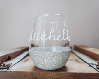 Personalized Silver Glitter Stemless Wine Glasses