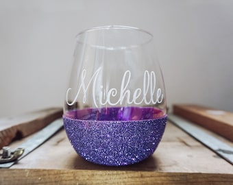 Personalized Purple Glitter Stemless Wine Glasses