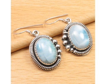Real LARIMAR Earrings 1.5" Jewelry 925 Sterling Silver Expensive-Looking Artwork Women's Perfect Jewellery Style Of The Day Gift For Mom