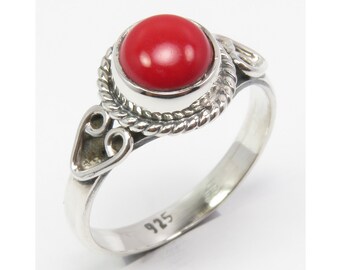 Antique Style CORAL Ring Sz 6 Girls' Rare Jewellery, Solid Sterling Silver Designer Jewelry, Exclusive 925 Handcrafted Eye-Catching Bijoux