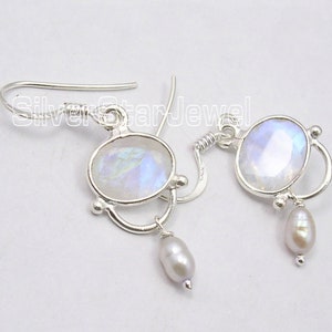 Solid 925 Pure Sterling Silver Natural RAINBOW MOONSTONE Blue Fire Factory Direct Earrings 1.5" Hot Selling Handmade Low Price New Jewelry