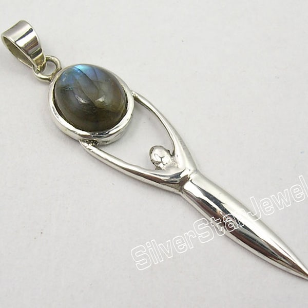 Lovely 925 Stamped Pure Solid Silver Rare Blue Fire Genuine LABRADORITE Trendy Goddess Long Pendant 5.8 cm Hot Selling Beautiful New Jewelry