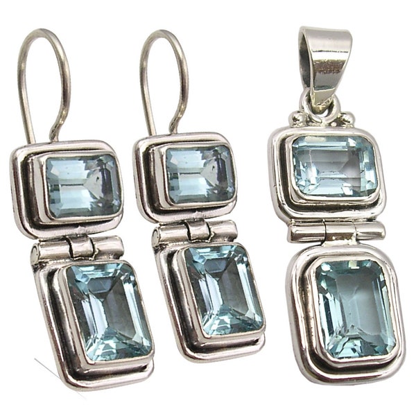 925 argent pur véritable topaze bleue charnière boucles d'oreilles pendentif travail manuel femmes ensemble de bijoux de collection bijoux décoratifs cadeau pour petite amie