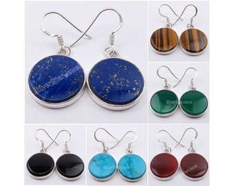Round Flat LAPIS LAZULI Earrings 1.3" | 925 Sterling Silver Jewelry | Best Stores | Color Variations | Custom Jewelry | Earrings Gift Women