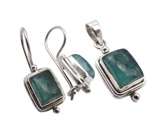 Rectangle Gift Set 925 Pure Silver GREEN APATITE Earrings Pendant Themed Jewelry Expensive-Looking Modern Collection Authentic Stone Bijoux