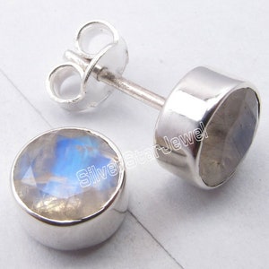 Lovely 925 Pure Solid Silver Round Shape Real RAINBOW MOONSTONE Unusual Studs Earrings 0.8 cm UNISEX Handmade Top Selling Brand New Jewelry